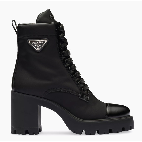 Prada 55MM Logo Lug Sole Platform Black Re-Nylon Leather Ankle Heel Boot 37.5 - Picture 1 of 15